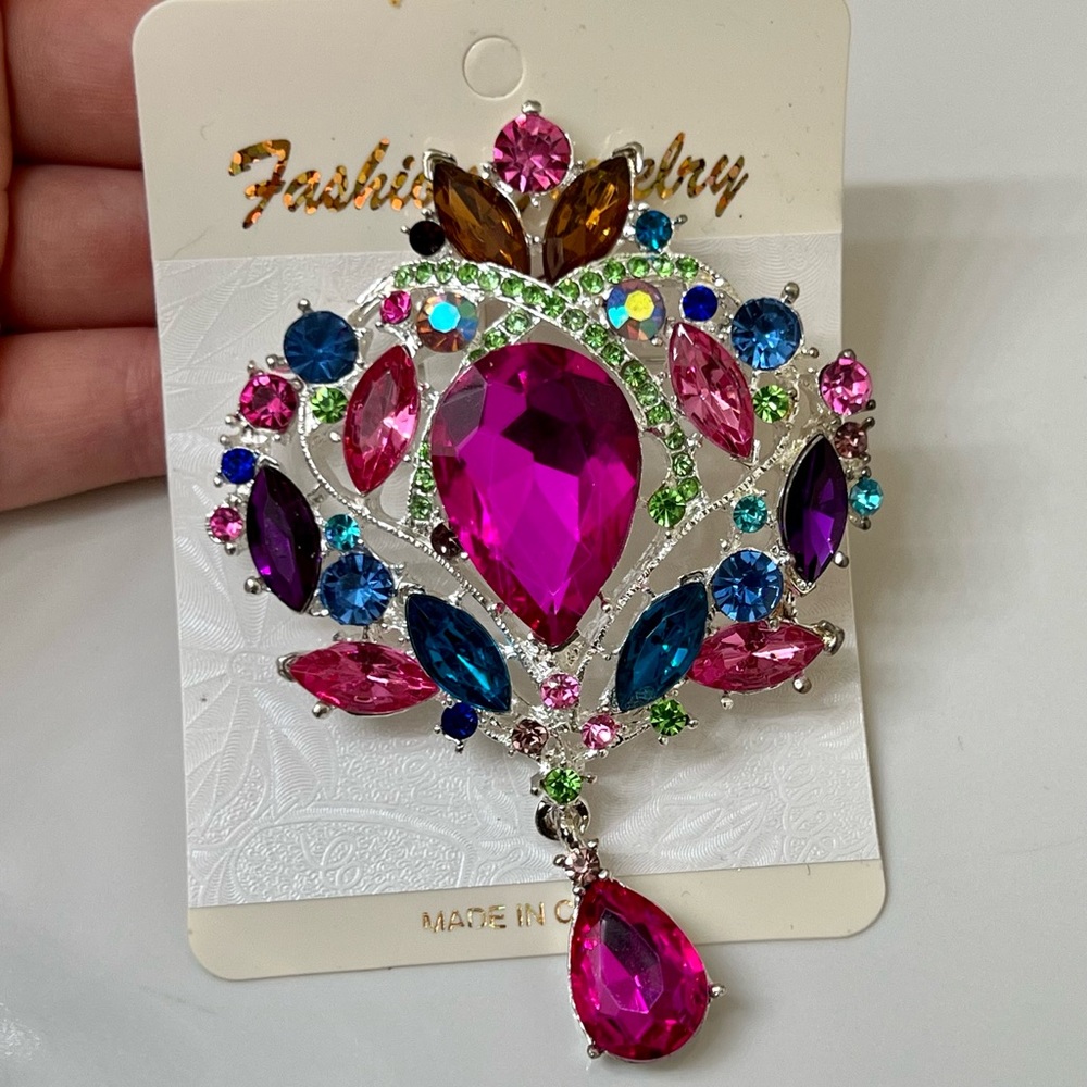 Large Multicolor pink rhinestone brooch